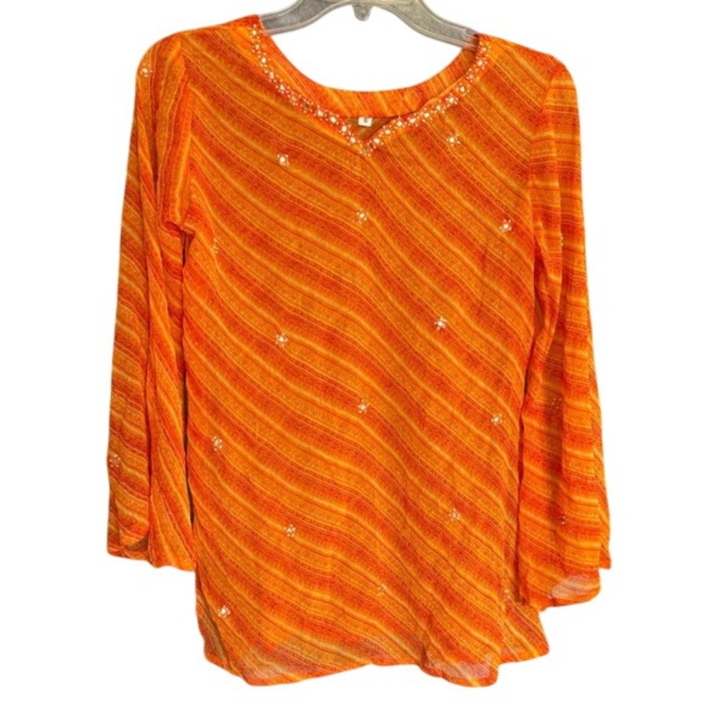 Sheer Swim‎ Cover Bell Sleeve Tunic Orange Resort Boho Gypsy Beaded V-Neck Small